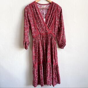 NWT Max Studio Boho Red Floral Bubble Sleeve Peasant Dress Small